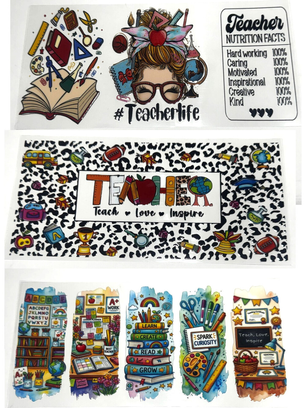 3 Cup Wraps Teacher Life UV DTF Assorted Set NEW for 16 oz Cups Tumblers School